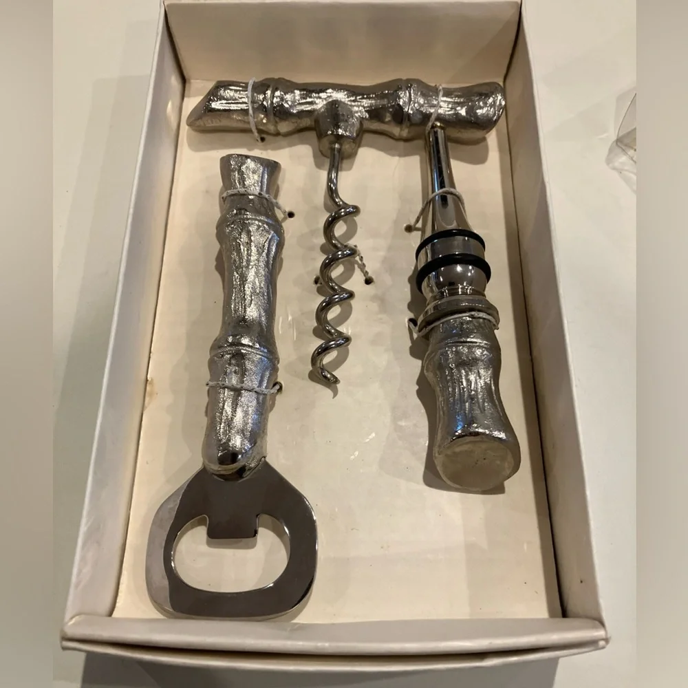 Pier 1 Imports Metal Bamboo Bar Tools Set Corkscrew, Bottle Opener &WineStopper